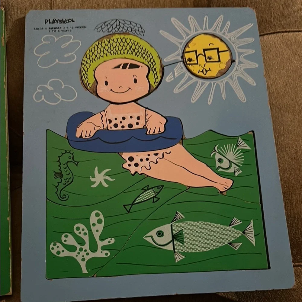 2 Vintage Playskool Little Bo Peep wood Puzzles - Pink and Green and swimmer